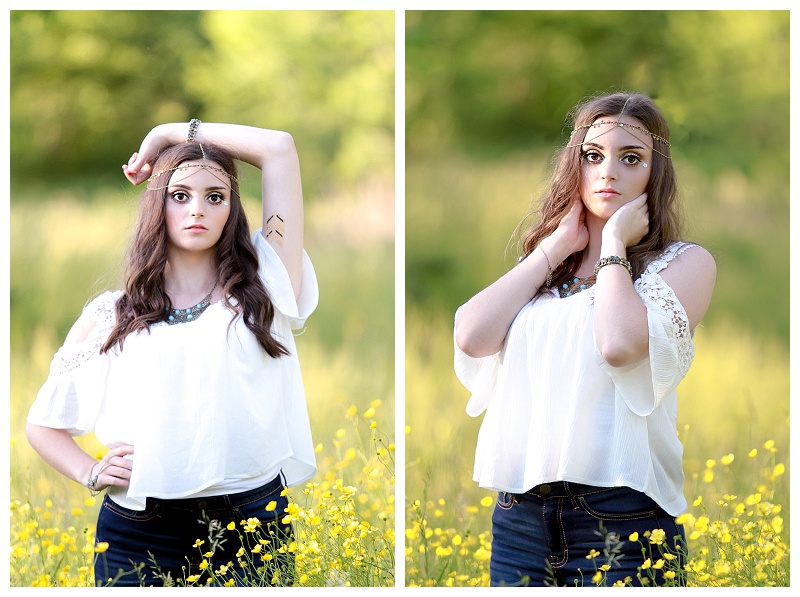 bohemian themed teen portraits with a buttercup field offlowers