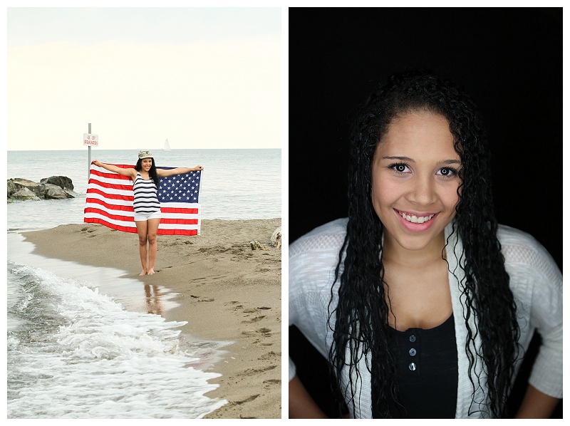 senior photos on a beach with a flag and ring light senior photos