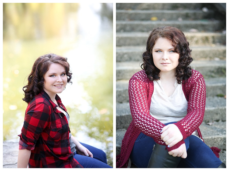 senior photos by a river and on stairs