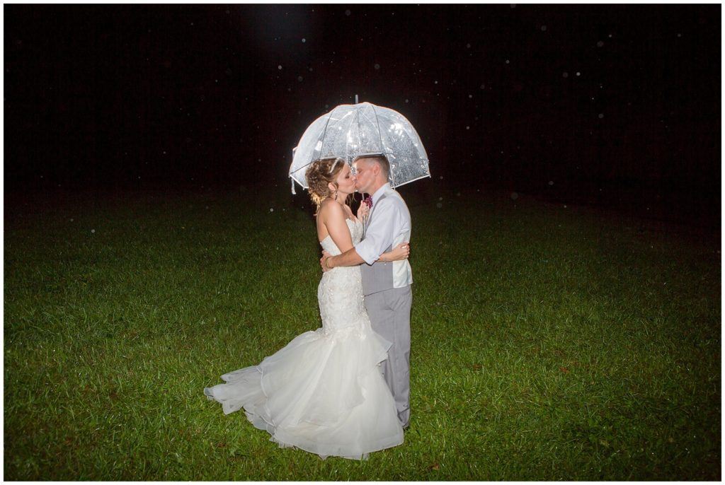 Bride and Groom Kissing in the rain
